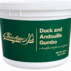 A 28-ounce white plastic container featuring a green label for Charley G’s Duck and Andouille Gumbo.