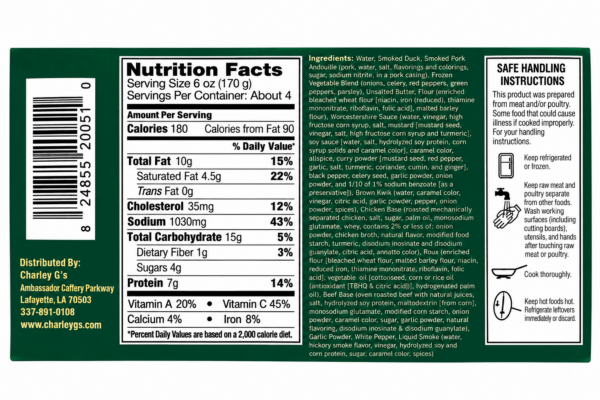 charley g's duck andouille gumbo nutrition Nutrition facts, ingredients, and handling instructions for Charley G’s Duck and Andouille Gumbo.