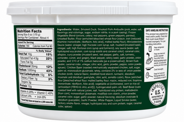charley g's duck andouille gumbo side Side view of a Charley G’s Duck and Andouille Gumbo container displaying nutrition, ingredients, and handling tips.