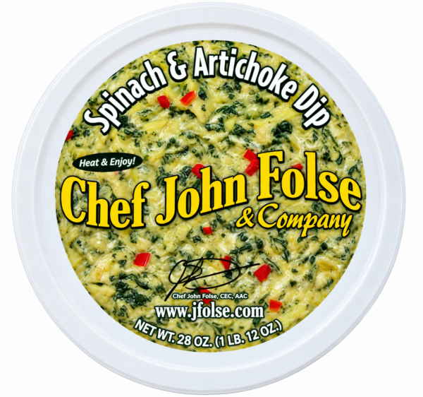 Chef John Folse spinach and artichoke dip in a round container, featuring red pepper pieces and branding.