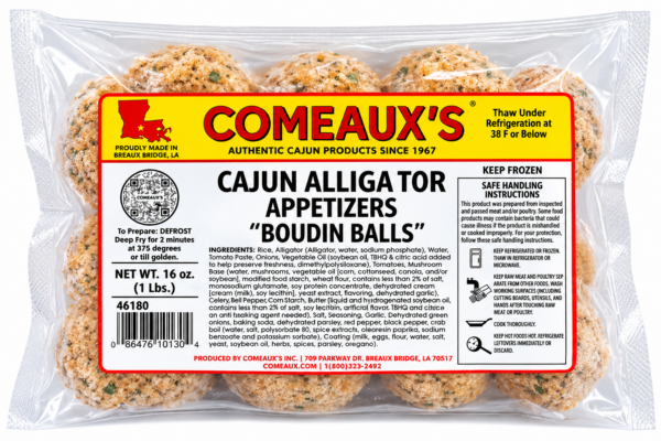 comeauxs alligator boudin balls front Twelve raw boudin balls from the Alligator Sampler arranged in an alligator shape on a clear plastic tray.
