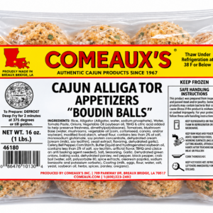 A clear package of Comeaux’s Alligator Boudin Balls with a label featuring cooking and handling instructions.
