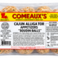 A clear package of Comeaux’s Alligator Boudin Balls with a label featuring cooking and handling instructions.
