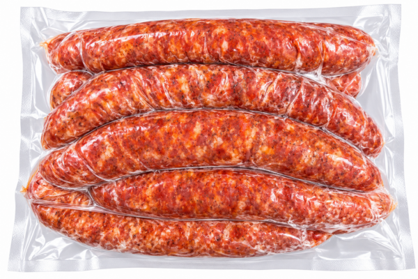 comeauxs andouille 5 lb back Five links of coarse-ground Comeaux’s Smoked Andouille Sausage in a vacuum-sealed 5 lb clear plastic bag.