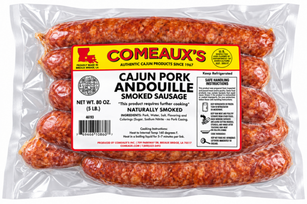 Five links of Comeaux’s 5 lb Smoked Andouille Sausage in a clear plastic package with nutritional labels.