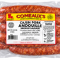 Five links of Comeaux’s 5 lb Smoked Andouille Sausage in a clear plastic package with nutritional labels.