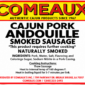 Product label for a 5 lb bag of Comeaux’s Smoked Andouille Sausage, showing cooking and safe handling instructions.