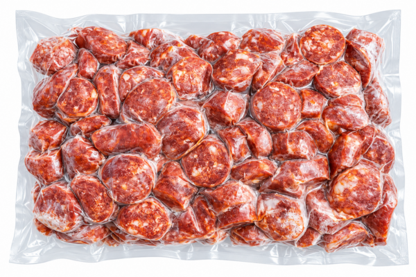 comeauxs andouille 5 lb sliced back A 5 lb vacuum-sealed bag of sliced Comeaux’s Smoked Andouille Sausage rounds.