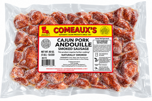 A 5 lb vacuum-sealed bag of sliced Comeaux’s Smoked Andouille Sausage.