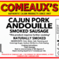 Product label for a 5 lb bag of Comeaux’s sliced smoked andouille sausage, featuring ingredients and cooking info.
