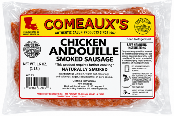 Vacuum-sealed package of Comeaux’s chicken andouille sausage, featuring a label with cooking and safety instructions.