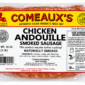 Vacuum-sealed package of Comeaux’s chicken andouille sausage, featuring a label with cooking and safety instructions.
