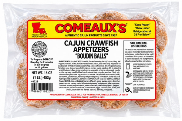 A plastic package containing four Comeaux’s Crawfish Boudin Balls with an informational product label.