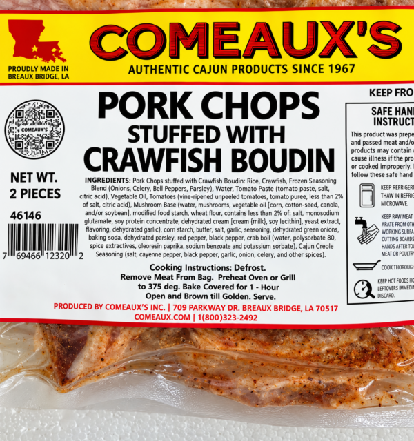 comeauxs crawfish boudin pork chops ingredients Vacuum-sealed Comeaux’s crawfish boudin stuffed pork chops featuring a label with ingredients and cooking instructions.