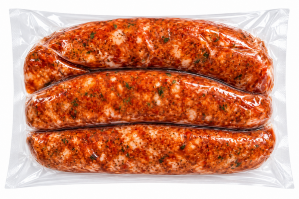 comeauxs fresh jalapeno sausage back Three raw Comeaux’s Fresh Jalapeno Sausage links in a vacuum-sealed plastic package.