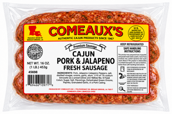 A vacuum-sealed package containing four links of Comeaux’s fresh jalapeno sausage.
