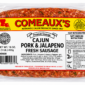 A vacuum-sealed package containing four links of Comeaux’s fresh jalapeno sausage.