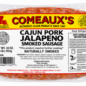 A package of Comeaux’s Smoked Jalapeno Sausage with a label featuring cooking instructions and safety information.