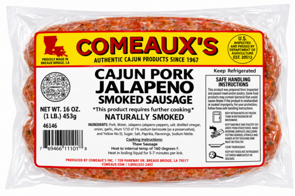 A package of Comeaux’s Smoked Jalapeno Sausage with a label featuring cooking instructions and safety information.