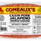 A package of Comeaux’s Smoked Jalapeno Sausage with a label featuring cooking instructions and safety information.