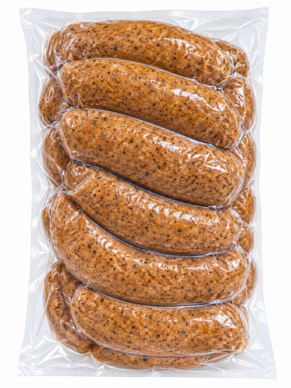 comeauxs pork boudin 5 lb back A 5 lb vacuum-sealed bag of Comeaux’s Pork Boudin, featuring several links of seasoned pork.