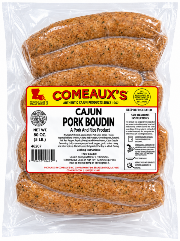 A 5 lb clear plastic package containing five links of Comeaux’s Pork Boudin with a product label.
