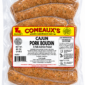 A 5 lb clear plastic package containing five links of Comeaux’s Pork Boudin with a product label.