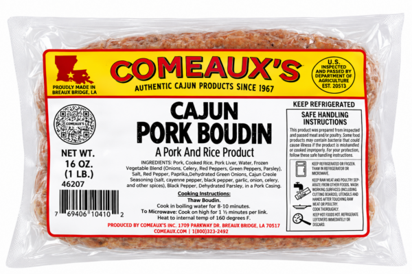 A vacuum-sealed package of Comeaux’s Original Pork Boudin with ingredient, cooking, and handling instructions.