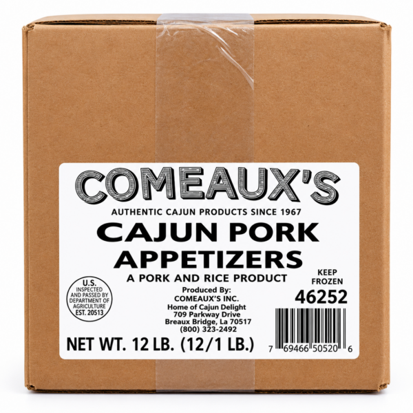 comeauxs pork boudin balls bulk Bulk cardboard box of Comeaux’s Pork Boudin Balls with a product label, net weight, and barcode.