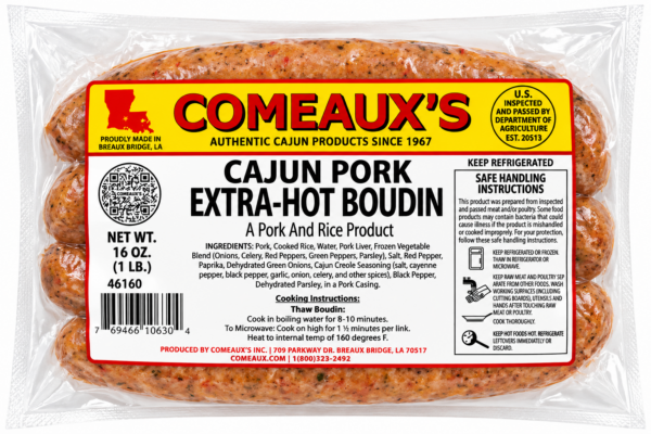A clear plastic package of Comeaux’s Extra Hot Pork Boudin, featuring a label with ingredients and instructions.