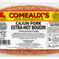 A clear plastic package of Comeaux’s Extra Hot Pork Boudin, featuring a label with ingredients and instructions.