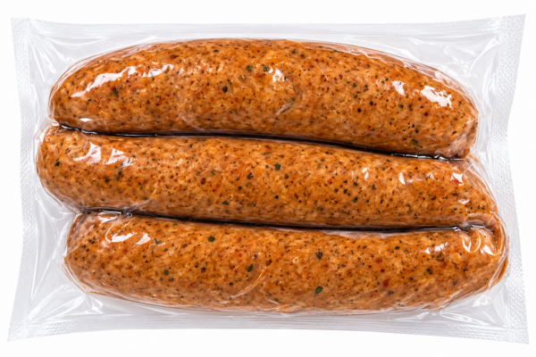 comeauxs pork boudin jalapeno back Three raw Comeaux’s Pork Boudin Jalapeno sausages with visible green pepper flecks in a vacuum-sealed package.