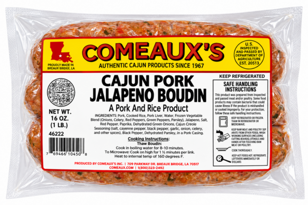 A vacuum-sealed package of raw Comeaux’s Pork Boudin jalapeno sausage links with visible jalapeno bits.