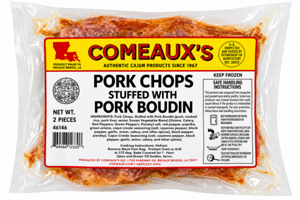 Two Comeaux’s pork boudin stuffed pork chops in vacuum-sealed plastic.
