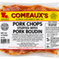 Two Comeaux’s pork boudin stuffed pork chops in vacuum-sealed plastic.