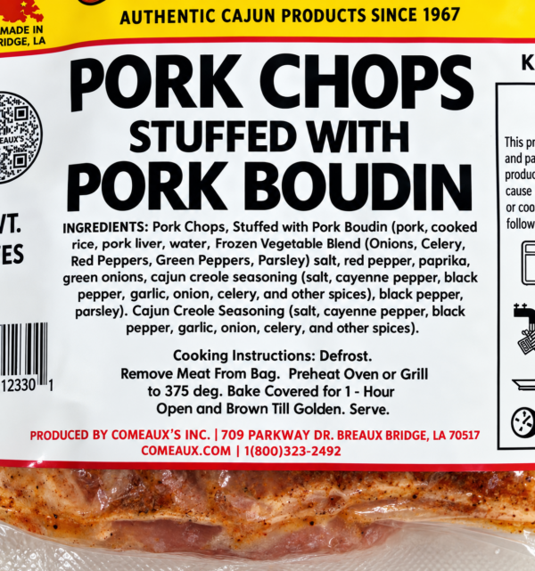 comeauxs pork boudin pork chops ingredients Comeaux’s Pork Boudin Stuffed Pork Chops label featuring ingredients and cooking instructions.