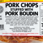 Comeaux’s Pork Boudin Stuffed Pork Chops label featuring ingredients and cooking instructions.