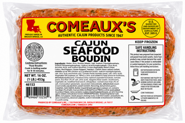Vacuum-sealed package of Comeaux’s Seafood Boudin with nutrition facts, cooking instructions, and safety labels.