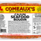 Vacuum-sealed package of Comeaux’s Seafood Boudin with nutrition facts, cooking instructions, and safety labels.