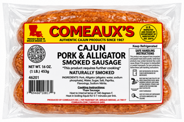 A package of Comeaux’s Smoked Alligator and Pork Sausage wrapped in clear plastic.