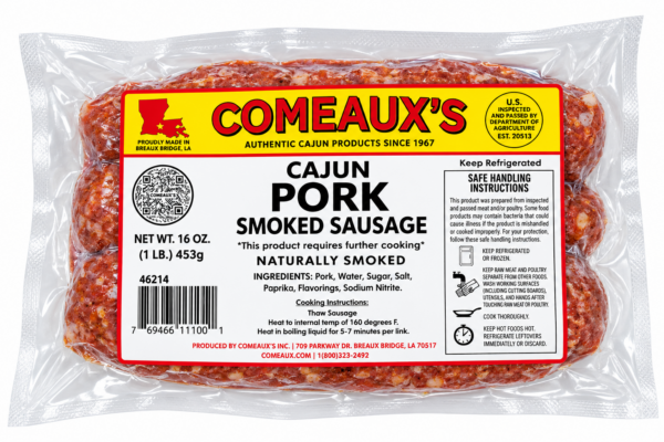 A one-pound vacuum-sealed package of raw, coarse-ground Comeaux’s smoked pork sausage.