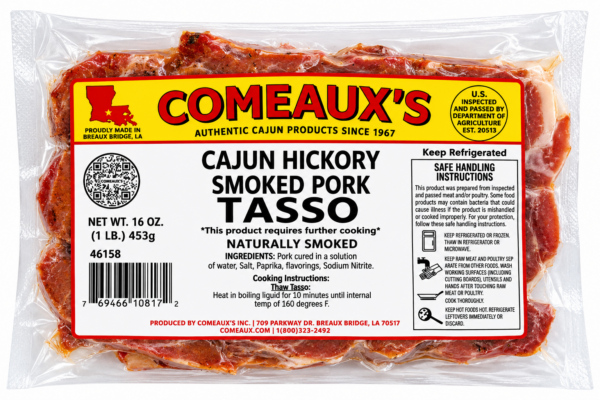 A 1 lb vacuum-sealed package of sliced Comeaux’s Tasso Ham.