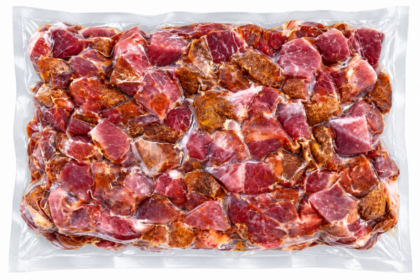 comeauxs tasso 4 lb back A 4lb vacuum-sealed bag of Comeaux’s Tasso Ham filled with cubes of seasoned, raw meat.