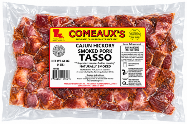 A 4lb clear plastic bag filled with chunks of seasoned, smoked Comeaux’s Tasso Ham.
