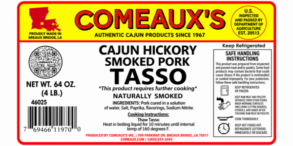 comeauxs tasso 4 lb label Product label for a 4lb bag of Comeaux’s Tasso Ham, featuring cooking instructions, net weight, and a barcode.