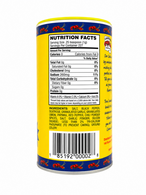 creole nomsg back Nutrition facts, ingredients, and barcode on a cylindrical container of LA Crawfish Co. Creole Seasoning, no MSG.