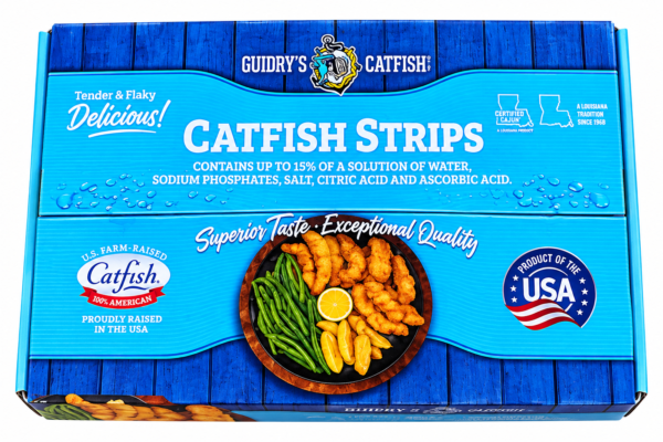Blue box of Guidry’s 4 LB IQF Catfish Strips with a serving suggestion of fried fish, green beans, and lemon wedges.