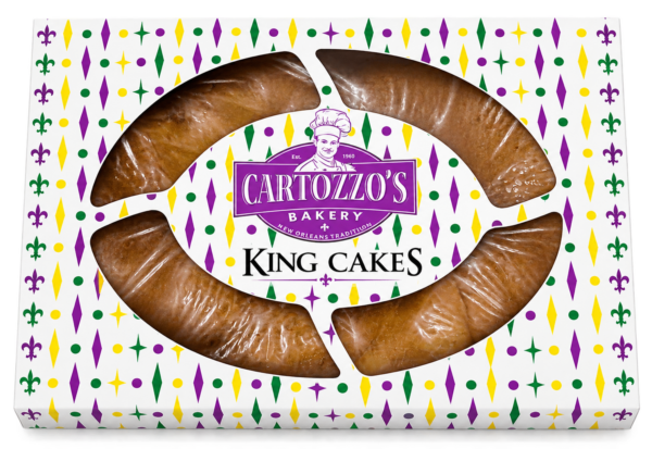 king cake A Cartozzo’s Traditional Cinnamon King Cake in a rectangular purple, green, and gold diamond-patterned box.