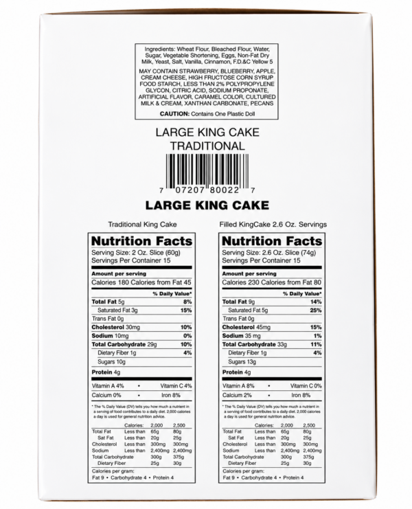 king cake nutrition Back label of Cartozzo’s Traditional Cinnamon King Cake packaging with ingredients, nutrition facts, and a barcode.