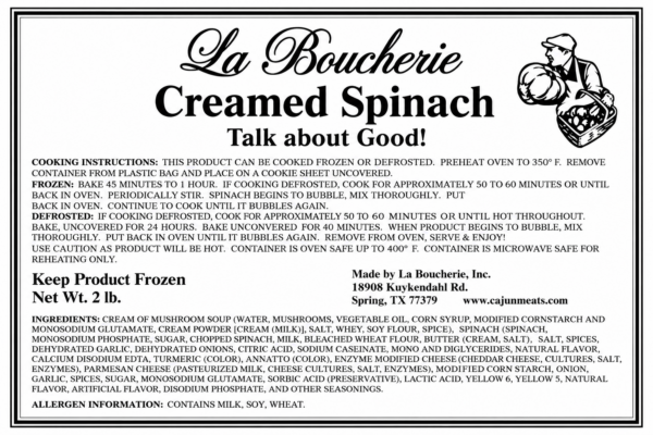 la boucherie creamed spinach label Label for La Boucherie 2 lb Creamed Spinach, showing cooking instructions, ingredients, and a drawing of a man.